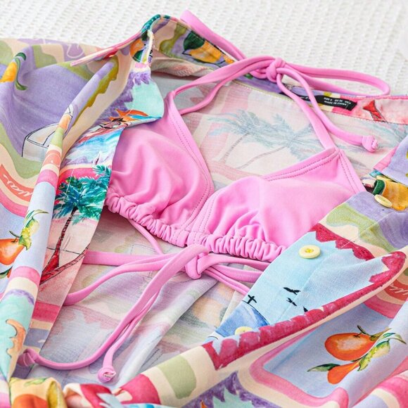 Multicolor Boho Women's Tropical Print Shirt & Pants Set - Picture 3 of 6